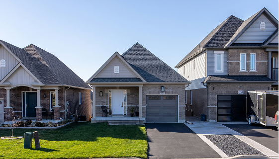 A shot of three suburban houses on a clear day